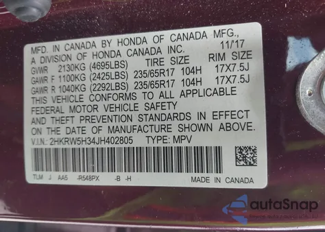 2018 Honda Cr-V Lx from USA, damaged, VIN 2HKRW5H34JH402805